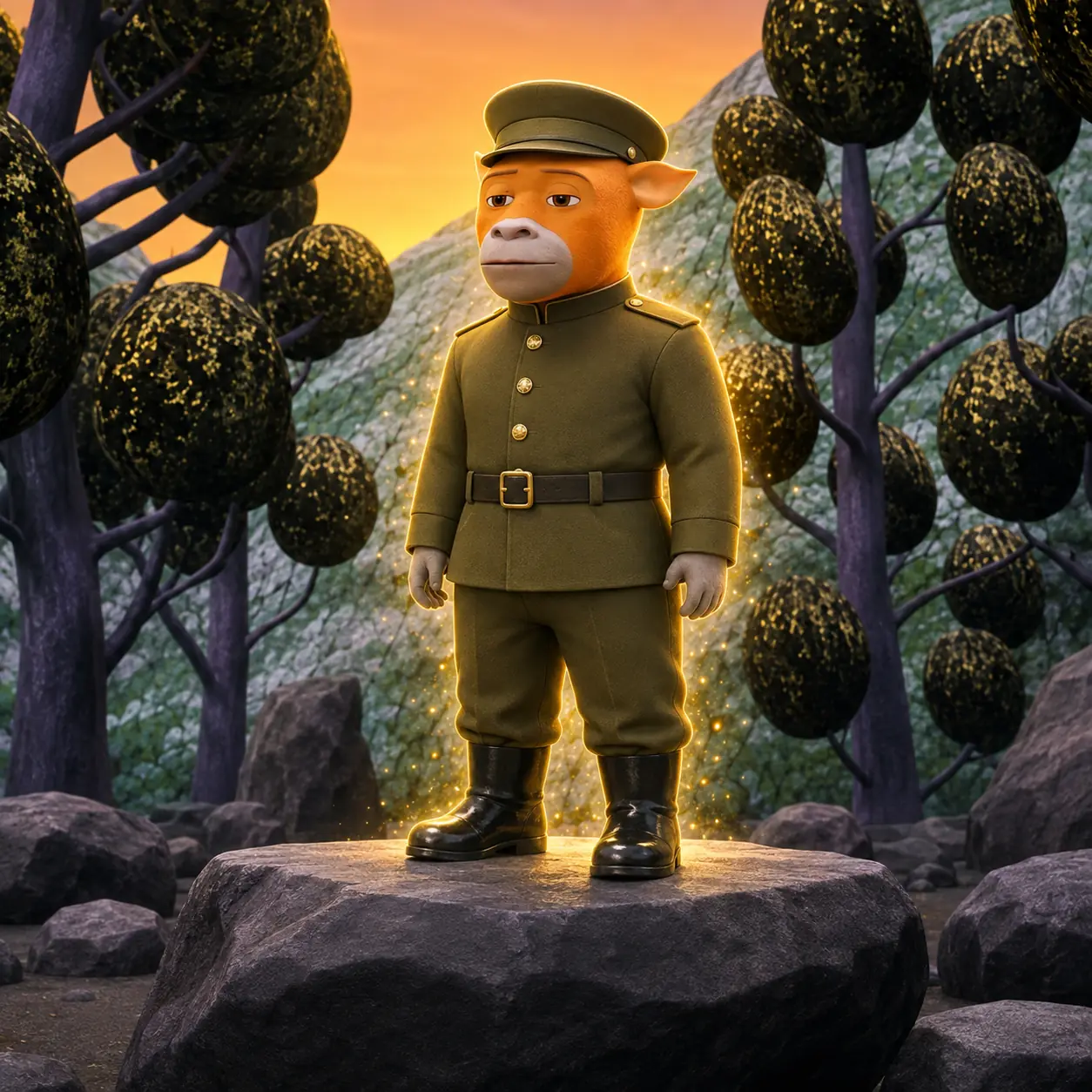 Niu Lai in a green military uniform among dark stylized trees