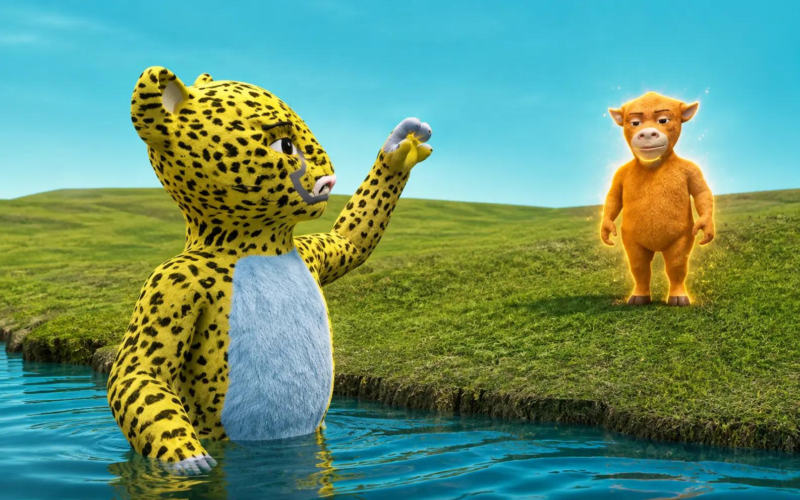 Spotted leopard character in a river facing the orange calf on the bank