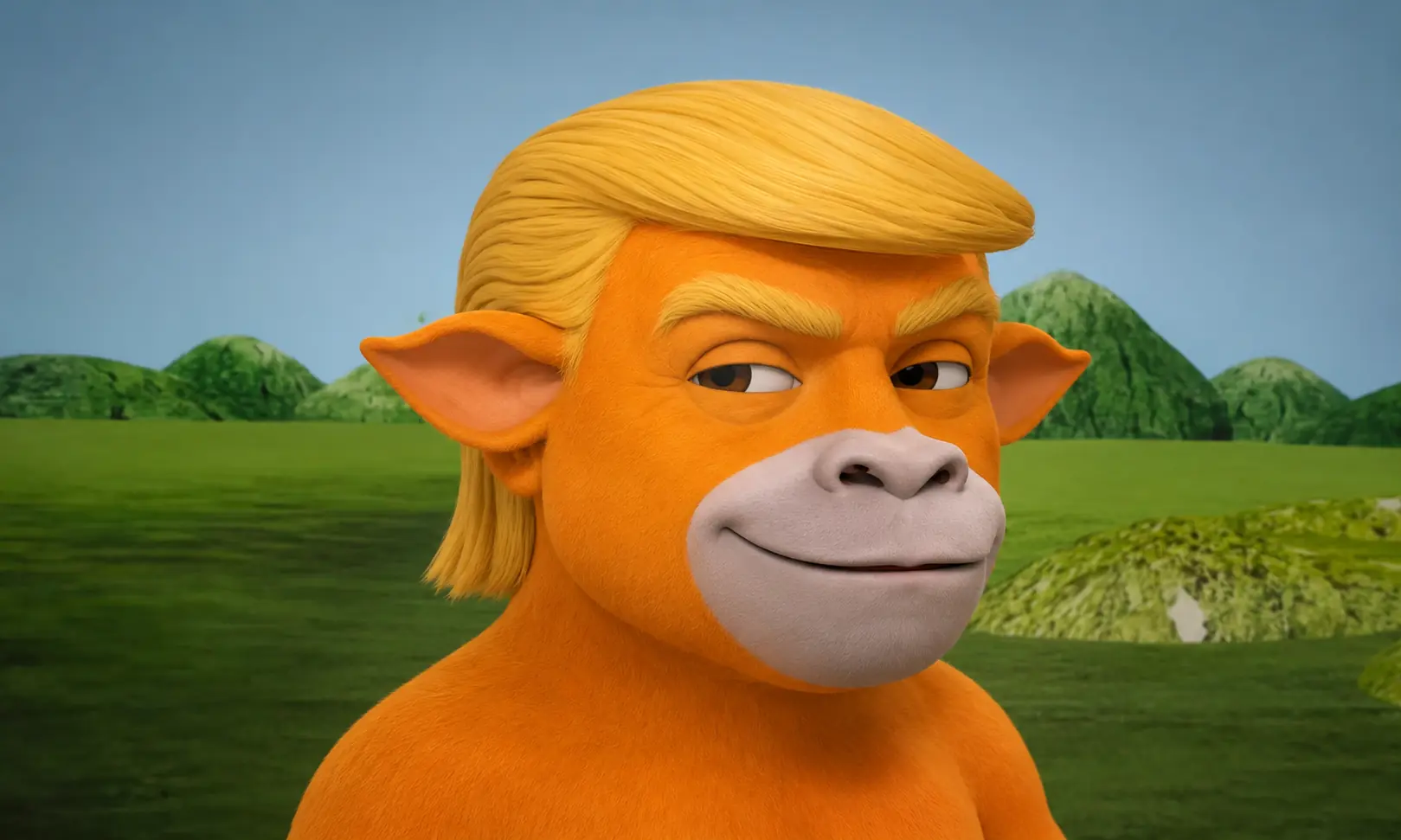 Orange calf portrait with swept golden hair in a green landscape