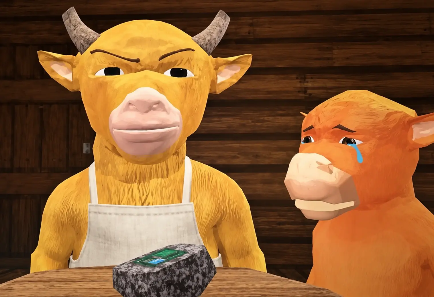 Apron-wearing yellow bull beside a tearful orange calf at a wooden table