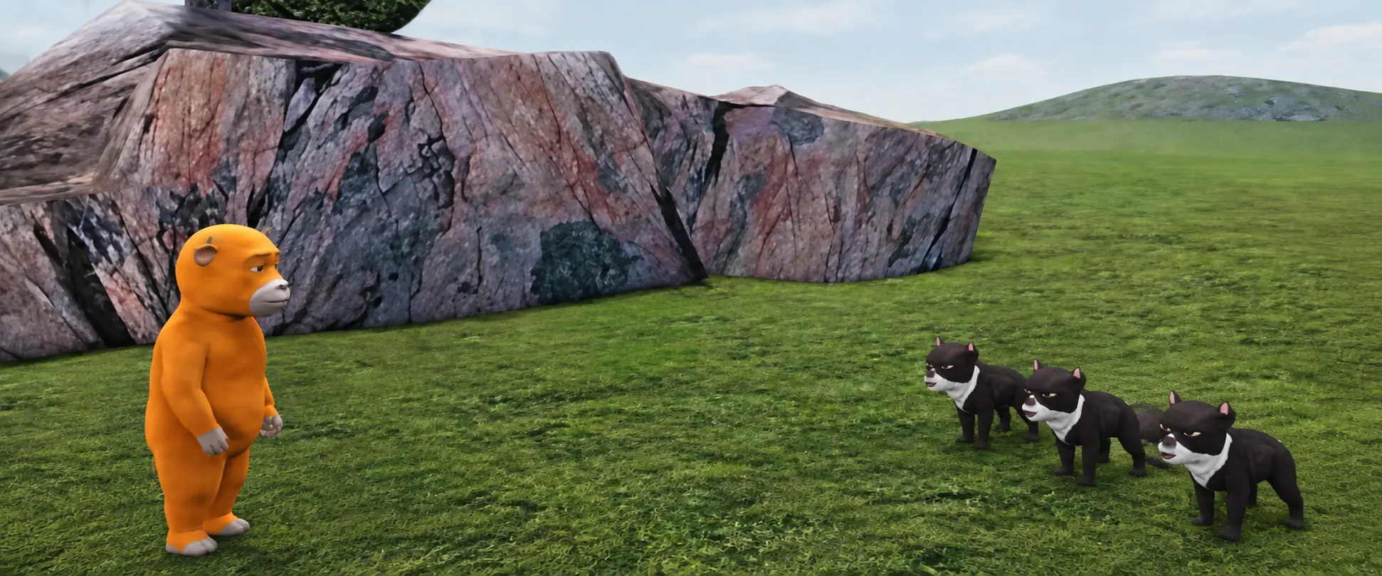 Orange calf facing three small black-and-white characters on a grassy field