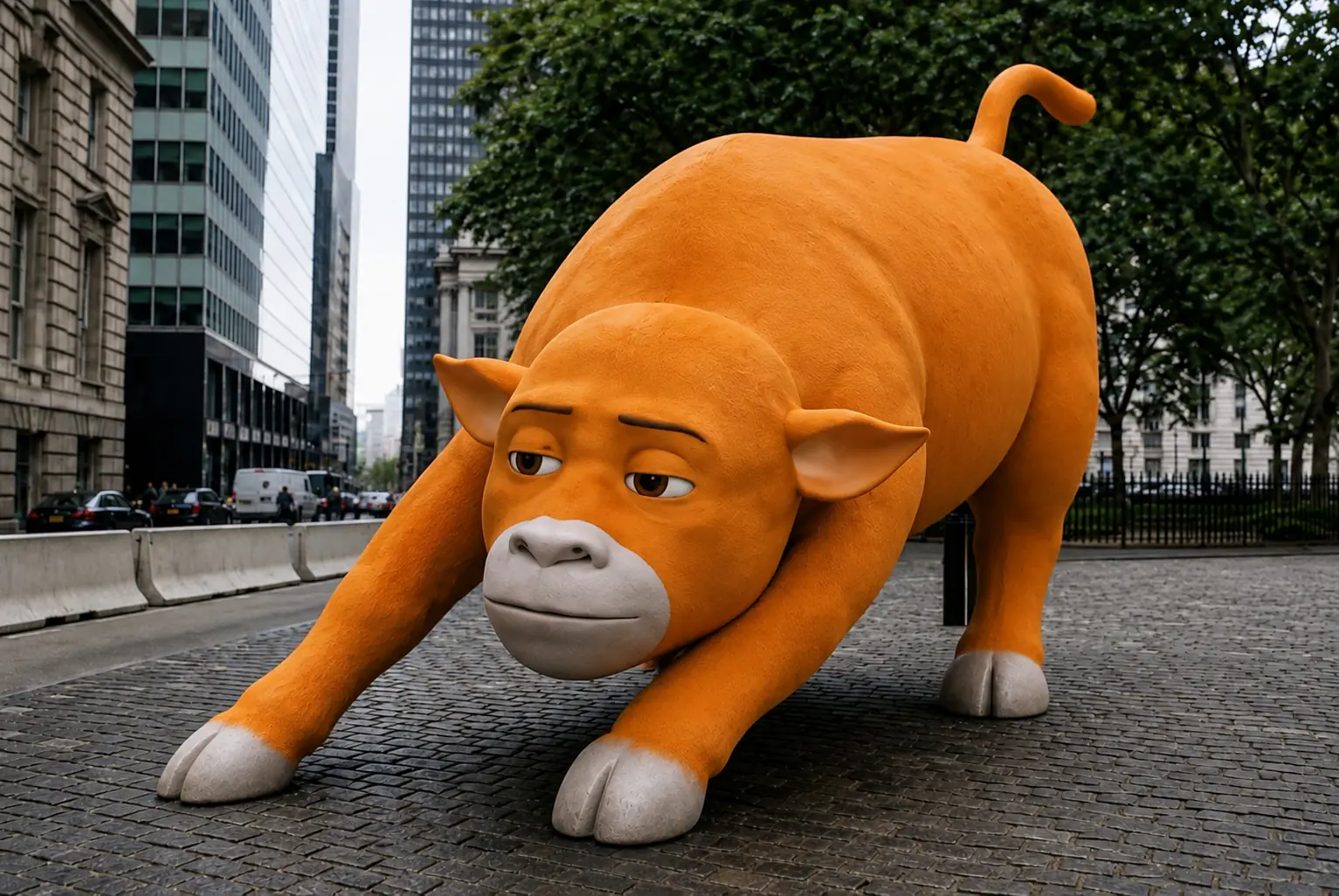Hornless orange calf in a charging pose on a realistic city street