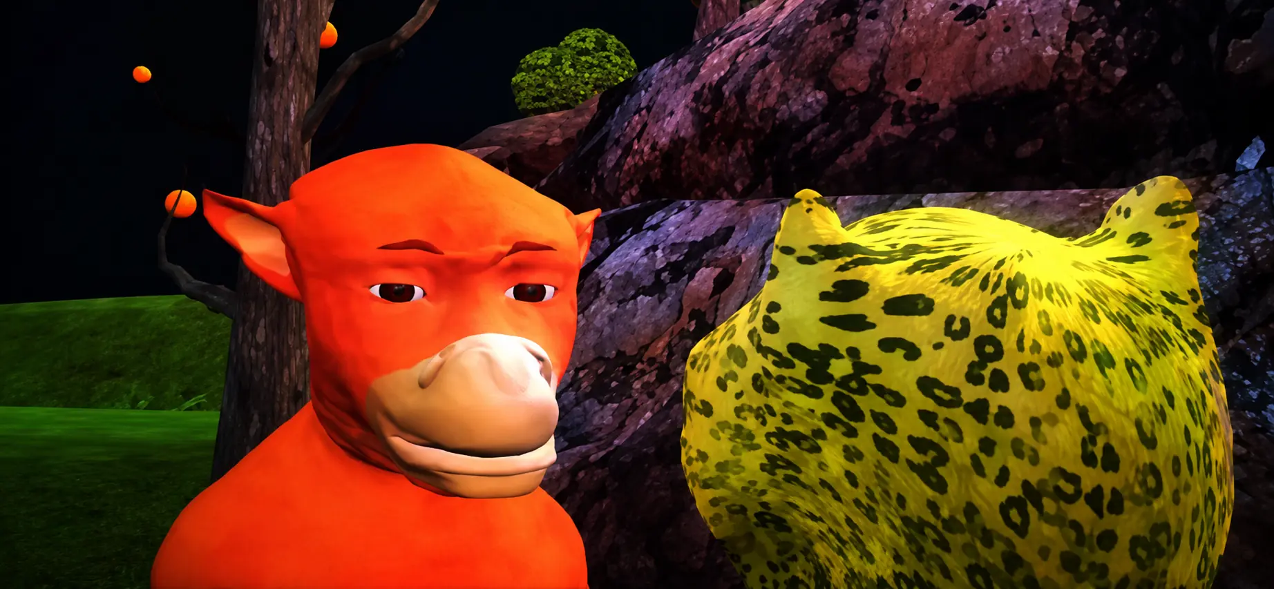 Orange calf and spotted leopard in a dramatic nighttime forest close-up
