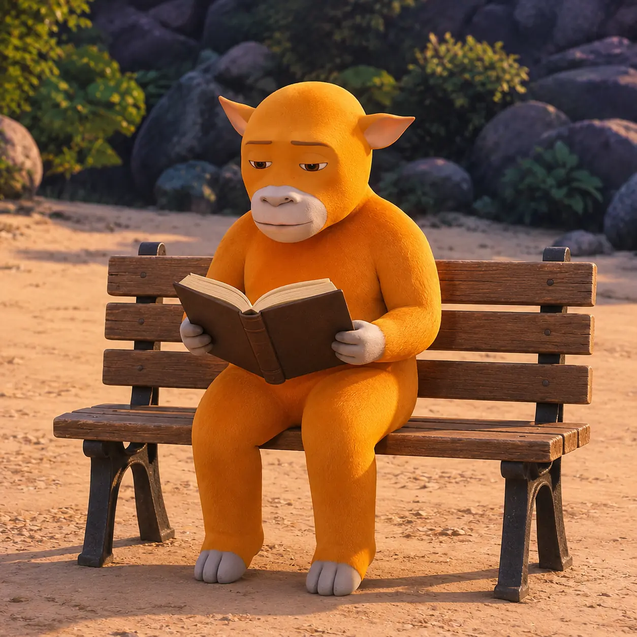 Orange calf sitting on a wooden bench and reading a book