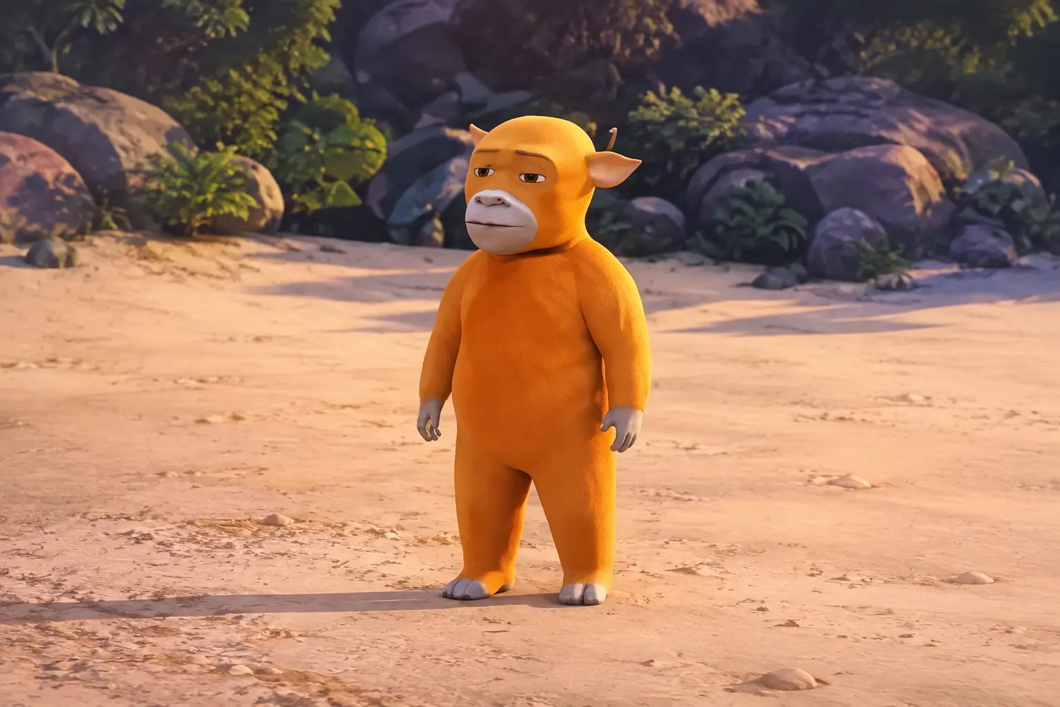 Full-body hornless orange calf standing in a sandy clearing